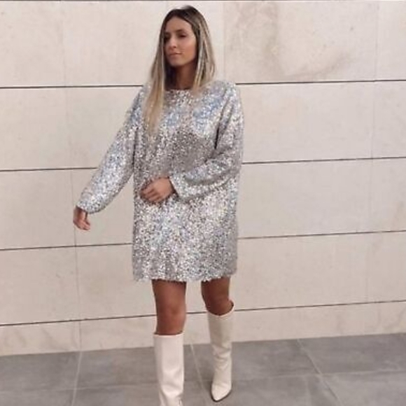 Zara Dresses & Skirts - NWT Zara Silver Sequin Mini Dress, Size S